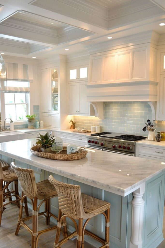81920c44-0dfa-4a1f-a67a-b49983dada58 - Handy Home Elegant kitchen with white cabinets, marble countertop, wicker chairs, and a light blue backsplash, bathed in natural light.