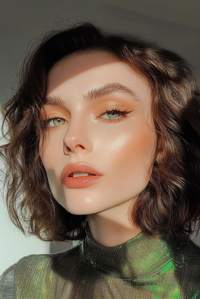 Stylish woman with wavy bob haircut, glowing makeup, and green metallic top in natural light, showcasing a modern beauty look.