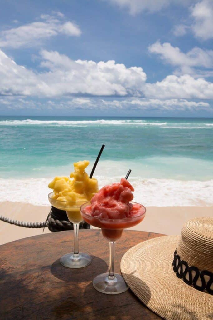 8cd9f30e-84be-493f-a429-19586c95012f - Handy Home Colorful frozen cocktails on a beachside table, ocean waves and a straw hat in the background. Perfect tropical vacation setting.