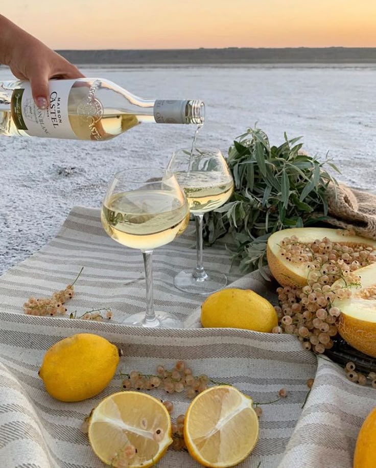 932431c8-6e27-48a5-9c80-70855d62430d - Handy Home Sunset picnic with white wine, lemons, melon, and grapes on a striped blanket in a serene outdoor setting.