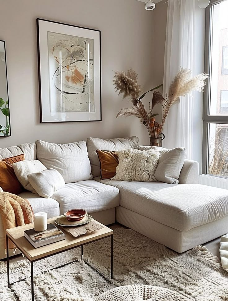 Cozy living room with a beige sectional sofa, abstract art, pampas grass, and a small coffee table with decor. Bright, airy atmosphere.