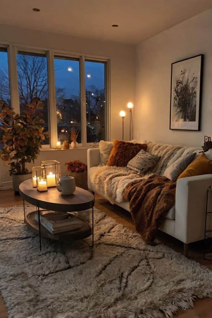Cozy living room with warm lighting, candles, plush sofa, and fluffy rug, creating a relaxing ambiance for a tranquil evening.