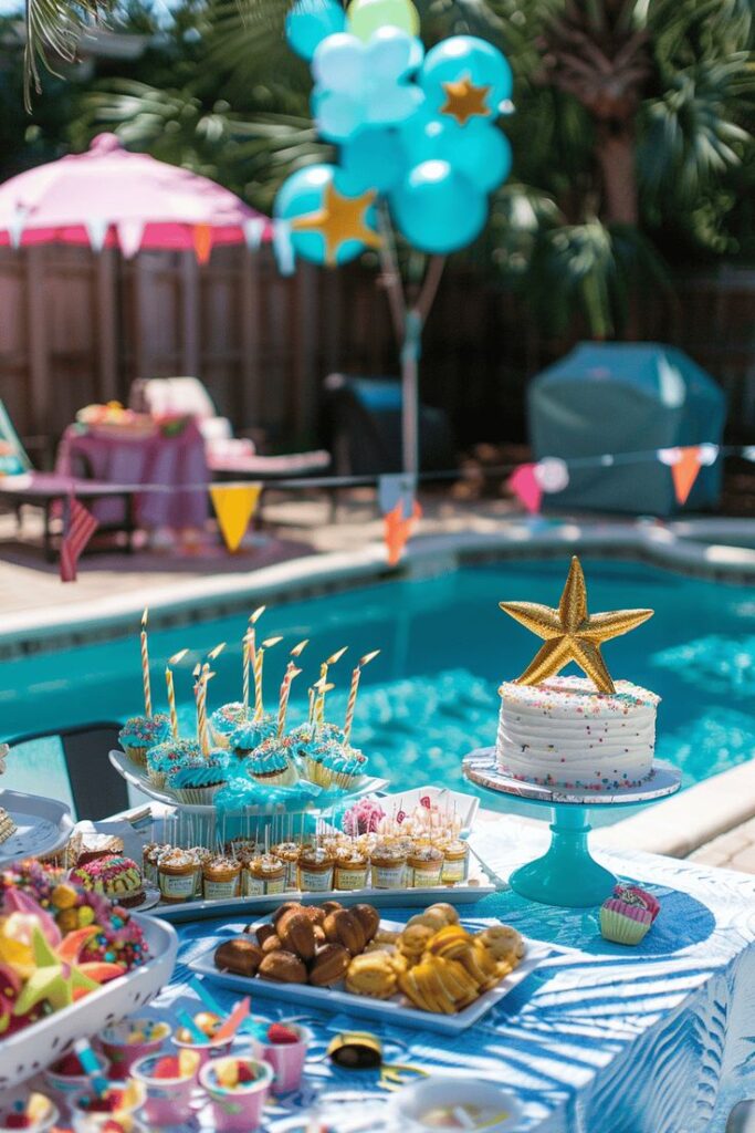 Poolside party setup with colorful desserts, cupcakes, star-topped cake, and balloons, creating a festive outdoor celebration atmosphere.