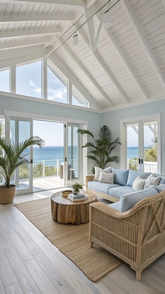 Coastal living room with ocean view; large windows, blue and white decor, wicker furniture, tropical plants. Bright, airy, tranquil space.