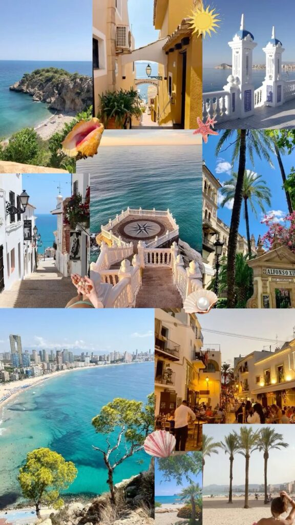 Sunny coastal views of Spain showcasing vibrant beaches, charming streets, and architectural landmarks under clear blue skies.
