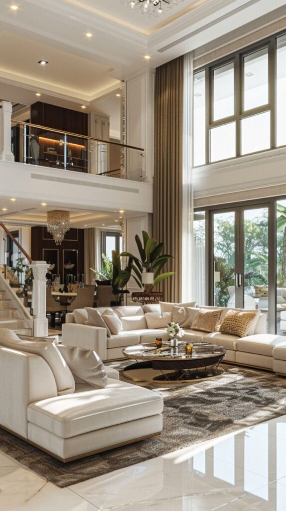 Luxurious modern living room with high ceilings, elegant furniture, and large windows offering natural light.