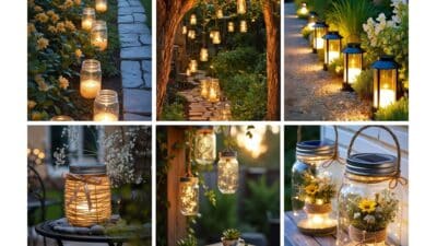Collage of garden pathway lit by lanterns and mason jar lights, enhancing outdoor evening ambiance with a warm, inviting glow.