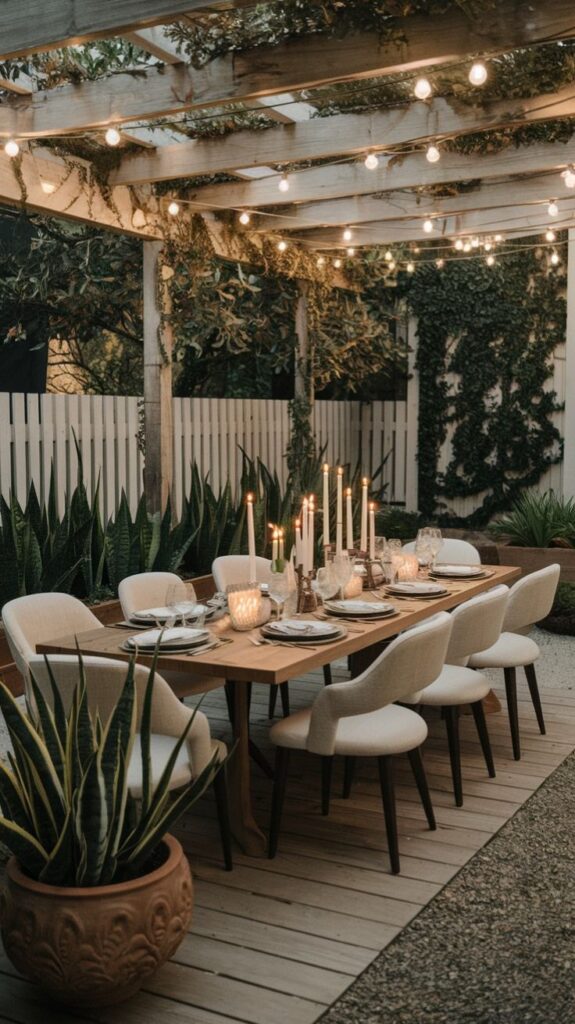 Elegant outdoor dining area with wooden table, chairs, string lights, and candles under a pergola, perfect for gatherings.