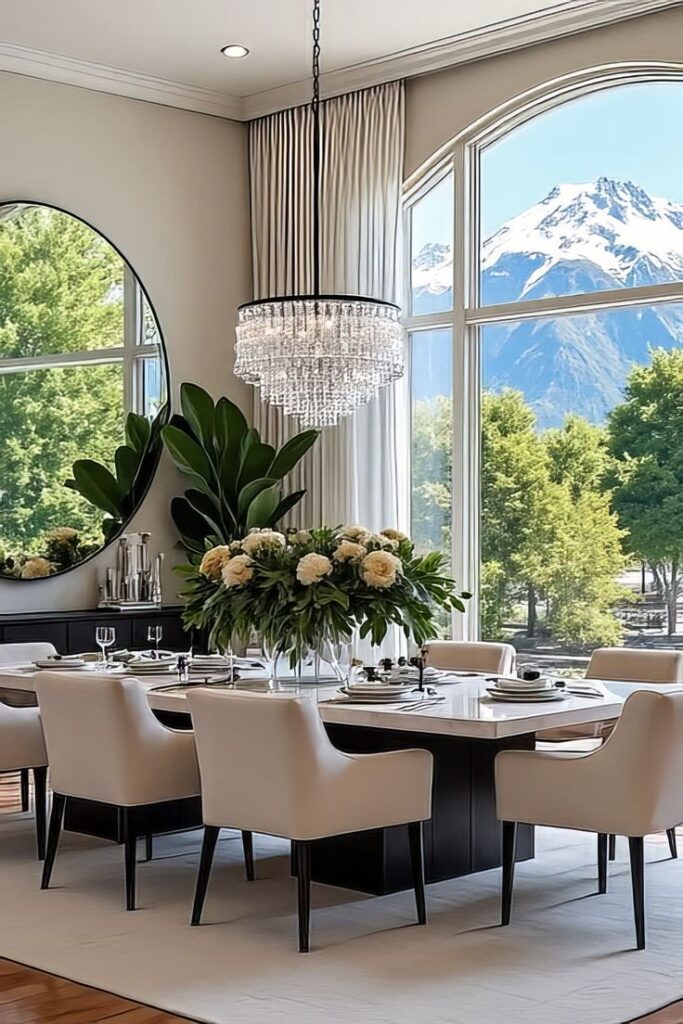 Elegant dining room with a crystal chandelier, large windows showcasing mountain views, and a table set for eight with flowers.