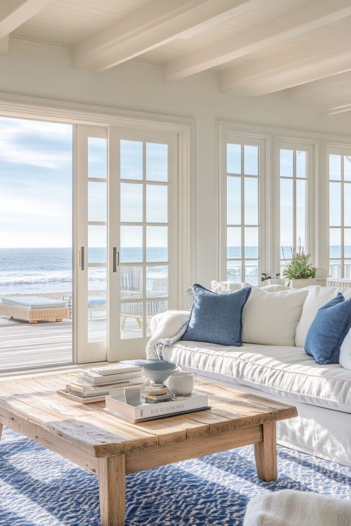 Bright coastal living room with ocean view, white sofa, blue cushions, and rustic wooden table. Relaxing beachfront home decor.