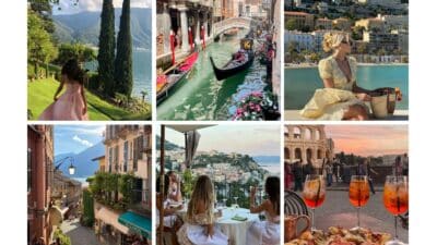 Collage of scenic Italian destinations: lakeside, gondola ride, coastal views, charming street, dining with vistas, and Roman Colosseum.