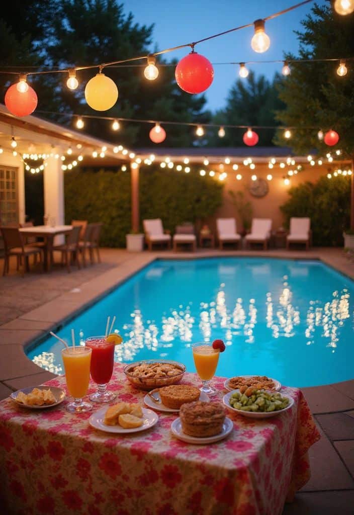 Poolside evening party setup with colorful lanterns, food, and drinks on a table, creating a cozy outdoor ambiance.