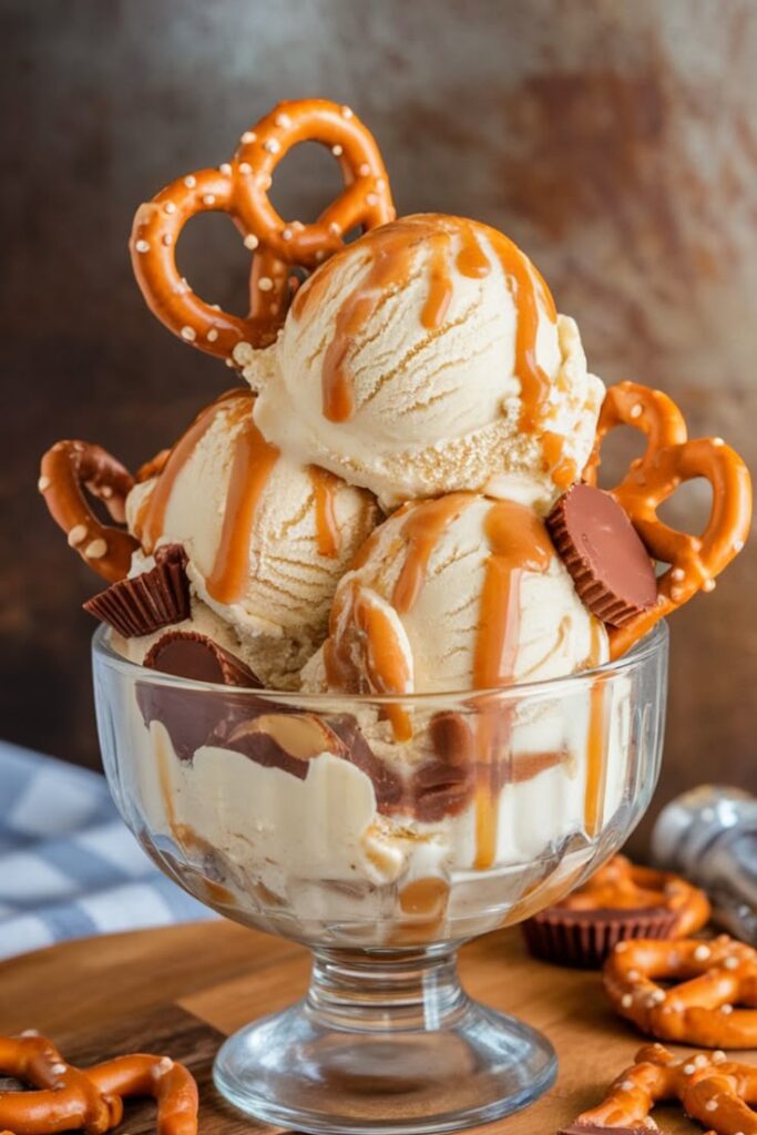 Caramel ice cream topped with pretzels and chocolate cups in a glass bowl on a wooden table, indulgent dessert treat.