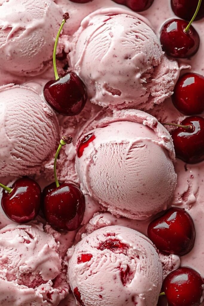 Scoops of creamy cherry ice cream topped with fresh cherries, highlighting a summery and delicious dessert treat.