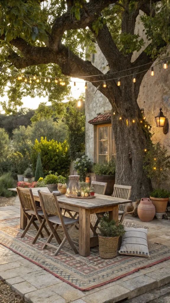 Rustic outdoor dining area with wooden table, chairs, string lights, and lush greenery under a large tree in a cozy garden setting.