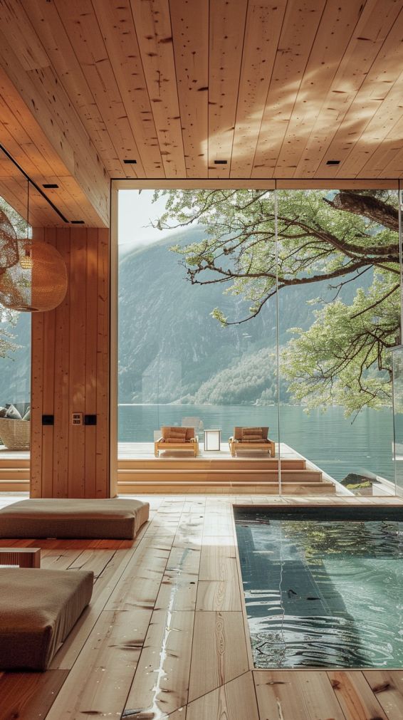 Luxurious lakeside wood cabin with large windows, indoor pool, and mountain views, offering a relaxing nature retreat.