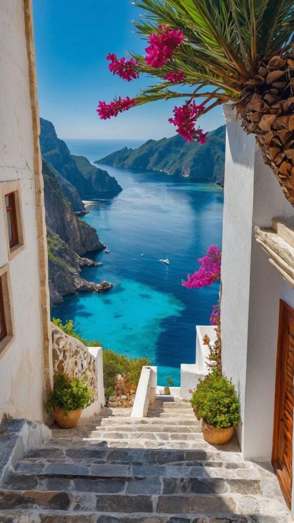 Scenic coastal view from stone staircase with vibrant flowers, turquoise sea, and boats in a serene island setting.