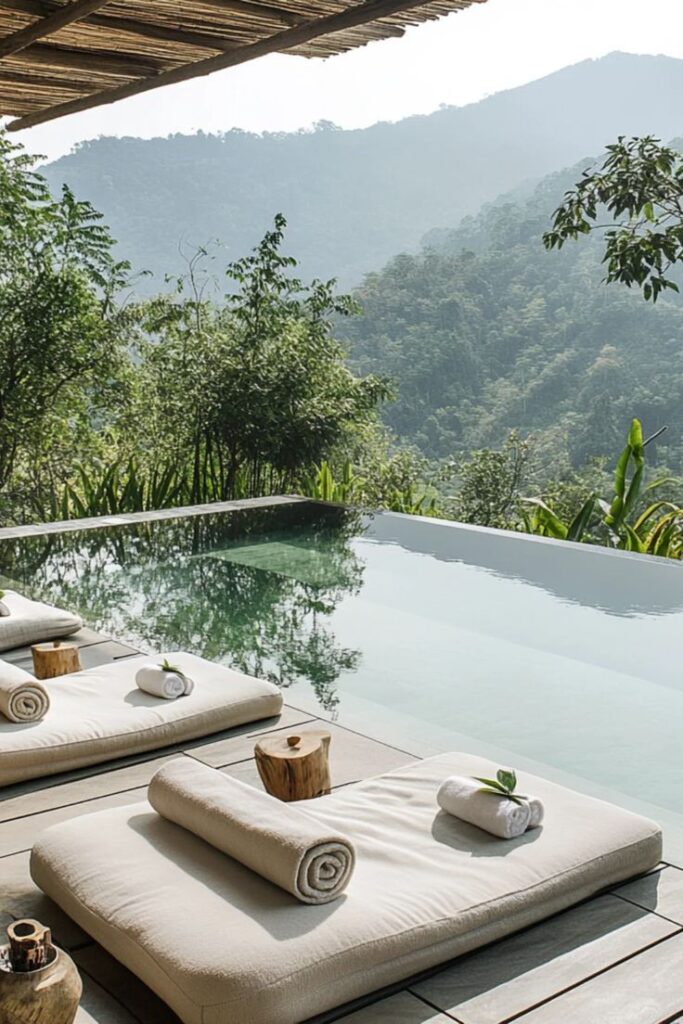 Luxurious infinity pool with plush loungers, serene mountain views, and lush greenery, perfect for relaxation and tranquility.