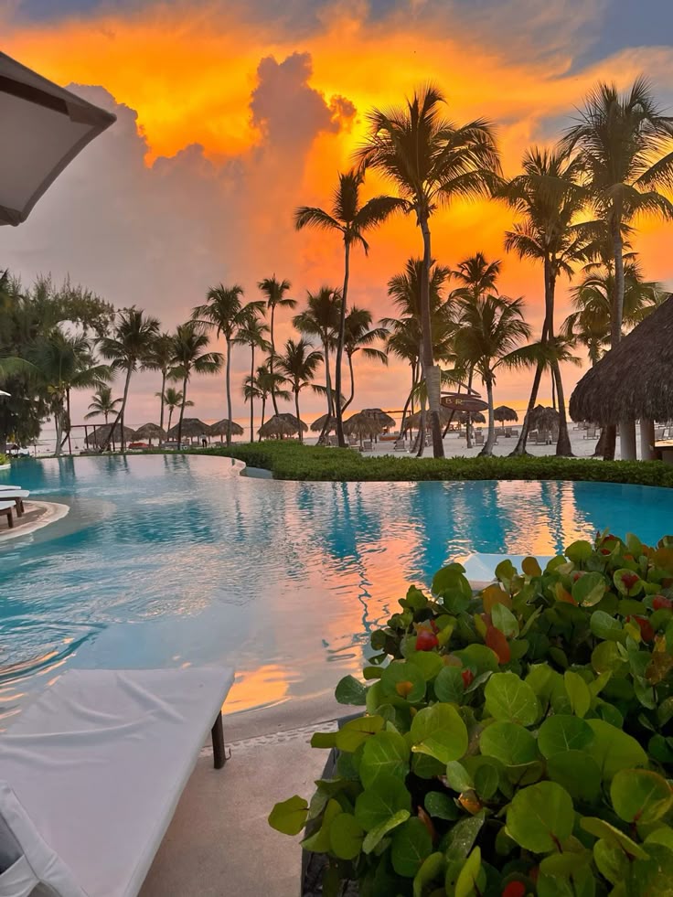 Tropical resort pool at sunset with palm trees and vibrant orange sky reflecting in the water, creating a serene paradise setting.