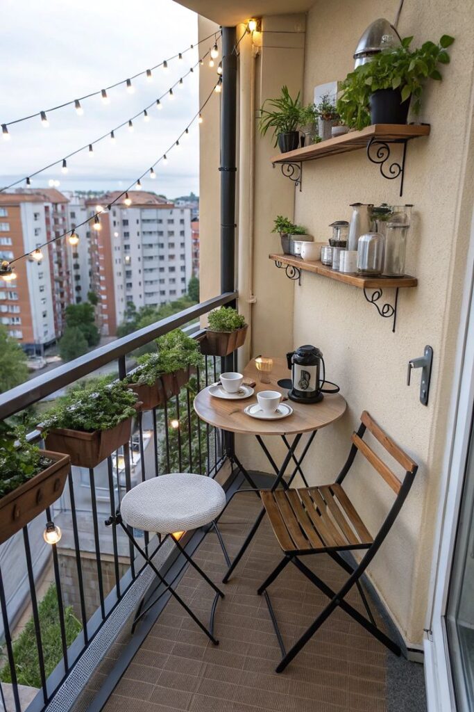 Cozy urban balcony with string lights, plants, and a small wooden table set for coffee. Perfect city view relaxation spot.