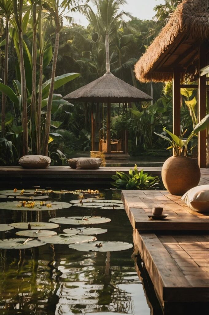 Tranquil tropical retreat with a wooden deck, water lilies, lush plants, and thatched hut in a serene garden setting.