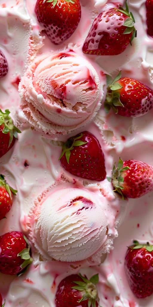 Strawberry Shortcake Ice Cream 55 Minutes - Handy Home Strawberry ice cream with fresh strawberries on a creamy backdrop, showcasing a delicious summer dessert treat.