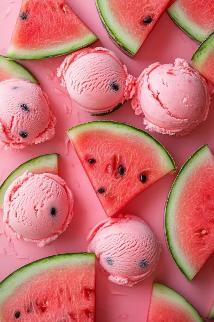 Theres nothing quite like a cold creamy scoop of - Handy Home Scoops of pink ice cream and fresh watermelon slices on a pink background. Refreshing summer dessert.