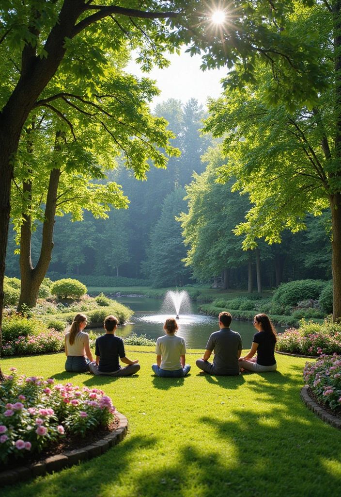 Group meditating in a lush park with a fountain, surrounded by trees and flowers under the sun's rays.