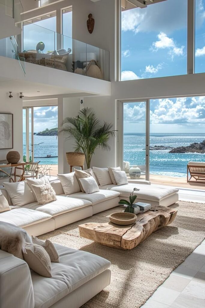 Luxurious coastal living room with large windows, ocean view, elegant white sofas, and rustic wooden coffee table.
