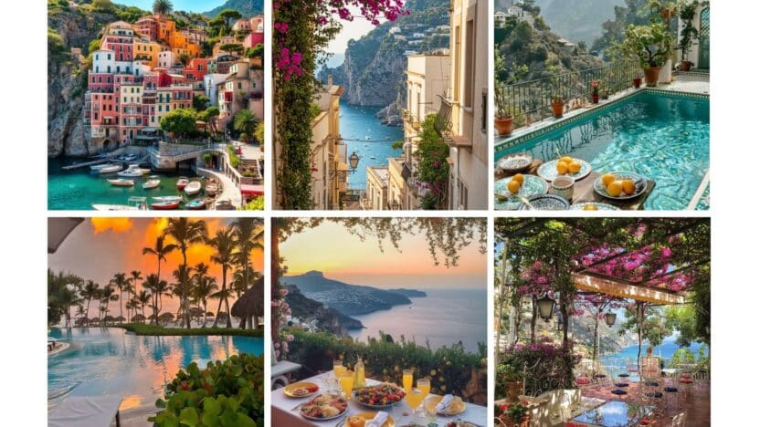 Collage of stunning coastal views, vibrant architecture, picturesque pools, and delightful outdoor dining experiences.