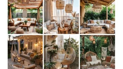 Cozy boho outdoor seating areas with wicker furniture, hanging chairs, and string lights for a stylish, relaxing vibe.