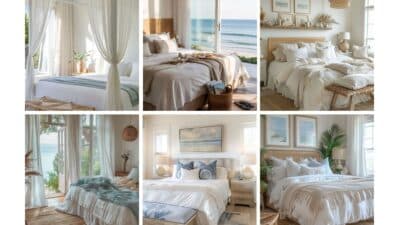 Collage of serene coastal bedroom designs with ocean views, featuring white linens, natural decor, and beach-inspired elements.
