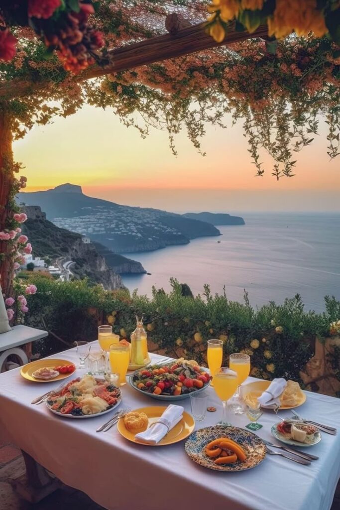 Idyllic seaside dining at sunset with a colorful feast and stunning ocean views under a flower-laden pergola.