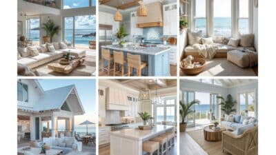 Coastal beach house interior with ocean views, open living spaces, elegant kitchens, and serene outdoor seating areas.
