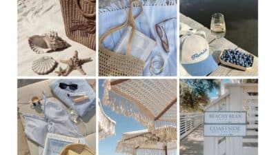 Beach vibes collage: seashells, woven bags, grapes, wine, sun hat, sunglasses, cozy beach decor, and a Beachy Bean café sign.