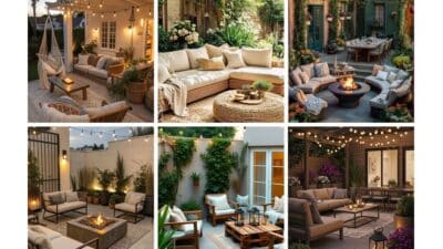 Collage of stylish outdoor living spaces with cozy seating, fire pits, and ambient lighting for a perfect backyard retreat.
