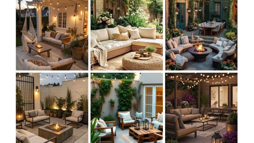 Collage of stylish outdoor living spaces with cozy seating, fire pits, and ambient lighting for a perfect backyard retreat.