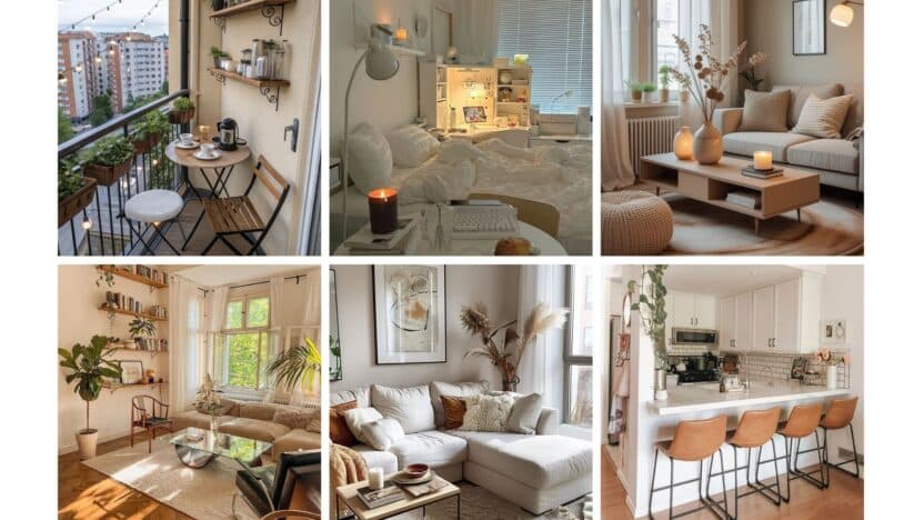 Modern home collage featuring cozy living rooms, stylish kitchens, and a charming balcony with city views.