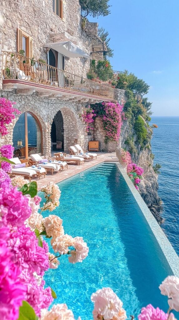 Cliffside villa with infinity pool overlooking ocean, surrounded by vibrant pink flowers on a sunny day. Perfect luxury retreat.