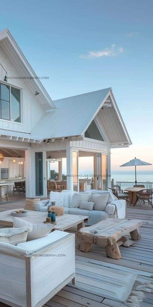 Coastal outdoor living area with white decor and ocean view, featuring cozy sofas, wooden accents, and a sunset ambiance.