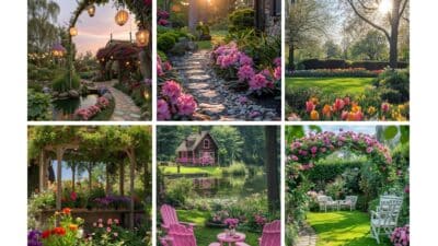 Enchanting garden collage with vibrant flowers, cozy paths, serene seating, and a charming pink cottage by a pond.