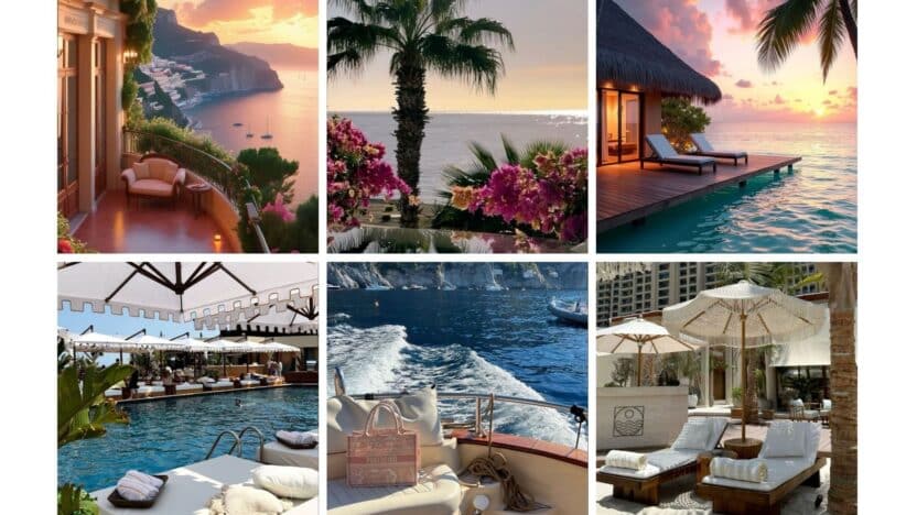 Collage of luxury travel destinations: ocean views, resort pools, and sunset overwater villas create a serene, dream getaway vibe.