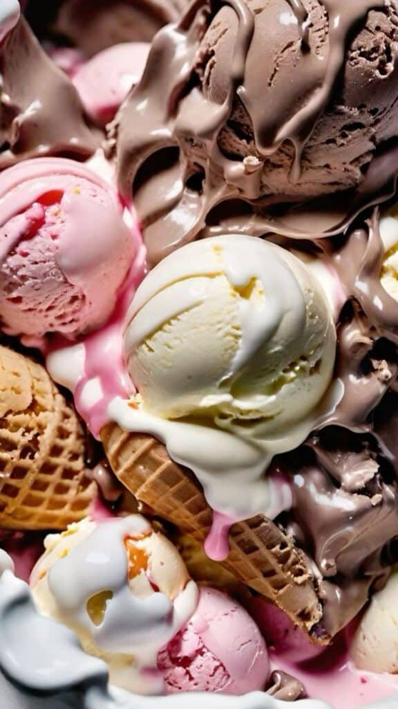 Delicious assortment of creamy ice cream scoops with chocolate, vanilla, and strawberry flavors in waffle cones, topped with rich syrup.