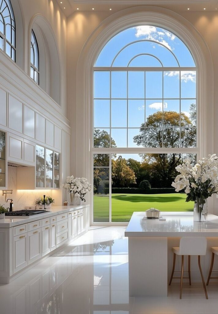Luxurious white kitchen with large arched window, elegant cabinetry, and vibrant garden view. Bright, spacious, and modern design.