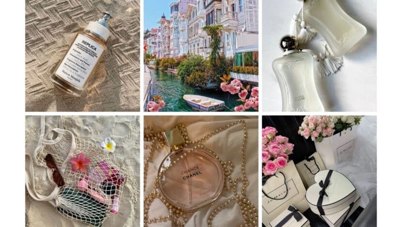 Collage of luxury perfumes, flowers, and elegant gift bags showcasing a stylish and sophisticated lifestyle aesthetic.
