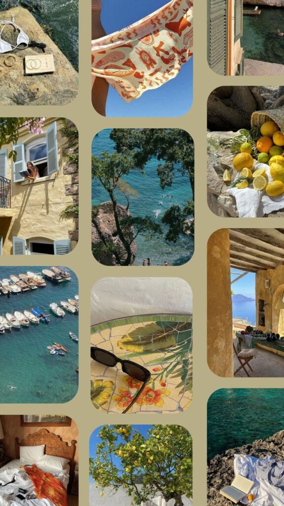 Collage of summer scenes: beachwear, coastal views, lemons, boats, window, bedroom, tree, and patio. Mediterranean vibes.