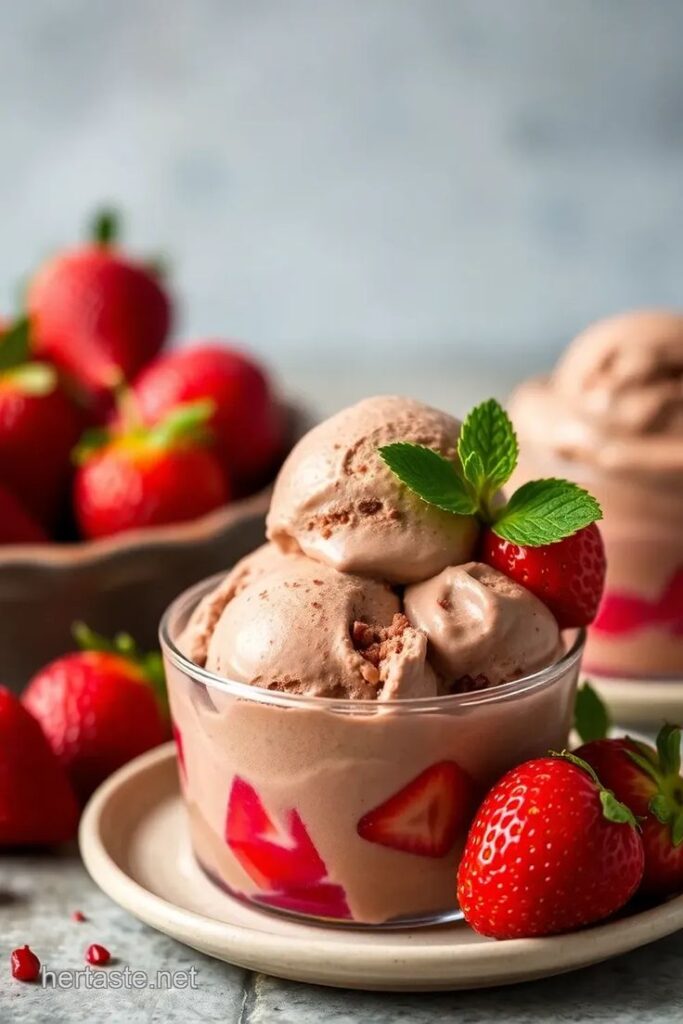 Delicious chocolate ice cream with fresh strawberries and mint garnish in a glass bowl on a rustic table setting.