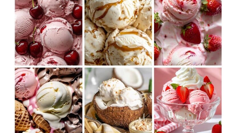 Assorted ice cream scoops with cherries, strawberries, caramel, and coconut, served in cones and a glass bowl. Perfect summer treat!