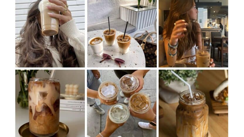 Collage of iced coffees in different settings, featuring various drinks and people enjoying their cold brews in stylish environments.