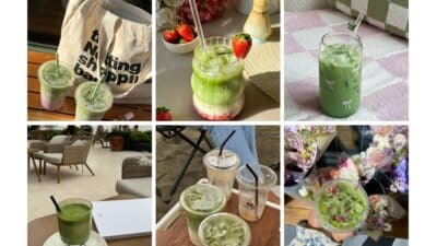 Assorted matcha drinks in stylish settings, including strawberries, tote bags, and flowers. Ideal for matcha enthusiasts and cafe lovers.